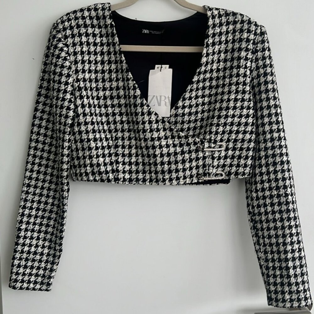 Zara Houndstooth Tweed Crop Faux Wrap Jacket, Size XL